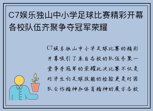 C7娱乐独山中小学足球比赛精彩开幕各校队伍齐聚争夺冠军荣耀