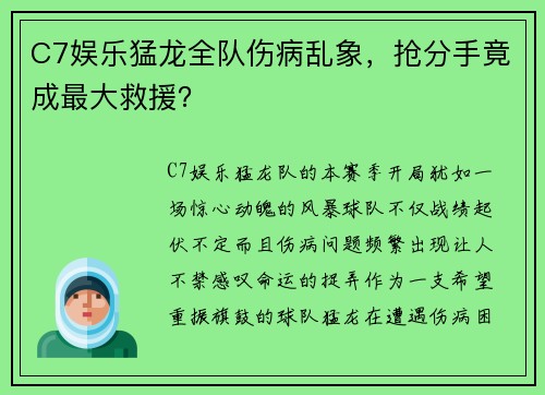 C7娱乐猛龙全队伤病乱象，抢分手竟成最大救援？